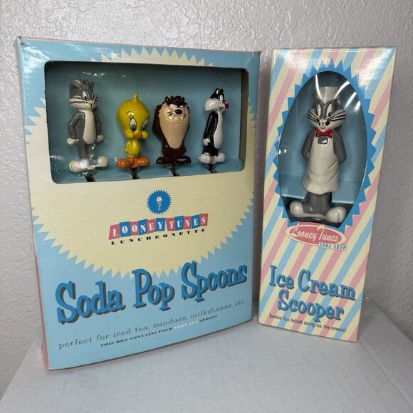 Looney Tunes Soda Pop Ice Cream Spoons & Scooper Warner Bros Studios 94 NEW RARE - Picture 1 of 7